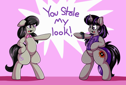 Size: 1280x864 | Tagged: safe, artist:graphene, octavia melody (mlp), oc, oc:magna-save, earth pony, equine, fictional species, mammal, pony, unicorn, feral, friendship is magic, hasbro, my little pony, 2017, bipedal, bow, bow tie, clothes, cute, dialogue, duo, duo female, eyelashes, female, females only, floppy ears, hand on hip, horn, open mouth, pointing, purple background, simple background, tail, talking