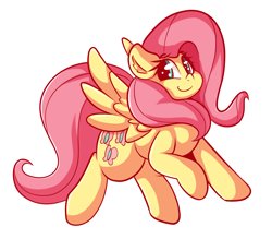 Size: 2481x2172 | Tagged: safe, artist:graphene, fluttershy (mlp), equine, fictional species, mammal, pegasus, pony, feral, friendship is magic, hasbro, my little pony, 2017, cute, feathered wings, feathers, female, flying, fur, hair, high res, looking at you, looking back, mane, mare, pink hair, pink mane, pink tail, simple background, smiling, solo, solo female, spread wings, tail, white background, wings, yellow body, yellow fur