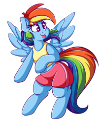 Size: 2386x2876 | Tagged: safe, artist:graphene, rainbow dash (mlp), equine, fictional species, mammal, pegasus, pony, feral, friendship is magic, hasbro, my little pony, 2017, bipedal, blue body, blue fur, bottomwear, clothes, cute, feathered wings, feathers, female, fur, hair, high res, mane, mare, rainbow hair, rainbow mane, rainbow tail, shorts, simple background, smiling, solo, solo female, swimsuit, tail, tank top, tongue, tongue out, topwear, white background, wings, winter swimsuit