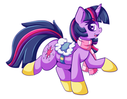 Size: 2766x2158 | Tagged: safe, artist:graphene, twilight sparkle (mlp), equine, fictional species, mammal, pony, unicorn, feral, friendship is magic, hasbro, my little pony, 2017, clothes, cute, female, fur, high res, hooves, horn, looking at you, mare, open mouth, profile, purple body, purple fur, raised hoof, raised leg, saddle, scarf, side view, simple background, smiling, solo, solo female, tack, tail, white background, winter outfit