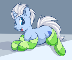 Size: 2253x1881 | Tagged: safe, artist:graphene, oc, oc only, oc:frost bite, equine, fictional species, mammal, pony, unicorn, feral, friendship is magic, hasbro, my little pony, 2017, clothes, cute, hair, high res, horn, legwear, male, mane, sitting, socks, solo, solo male, stallion, striped clothes, striped legwear, tail, white hair, white mane, white tail