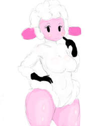 Size: 600x733 | Tagged: dead source, safe, artist:darky03, leggy lamb (droopy), bovid, caprine, mammal, sheep, anthro, droopy (series), blushing, breasts, dot eyes, ewe, female, hand on hip, looking at you, simple background, smiling, solo, solo female, thick thighs, thighs, white background, wool