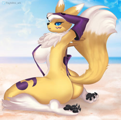 Size: 2181x2160 | Tagged: suggestive, artist:fayfeline_art, fictional species, renamon, anthro, digimon, 2021, areola, armwear, beach, big breasts, big butt, bikini, black nose, black paw pads, black sclera, blue eyes, blushing, body markings, breasts, butt, chest fluff, clothes, colored sclera, ears, facial markings, female, fluff, fur, high res, kneeling, looking at you, looking back, looking back at you, multicolored fur, nipple outline, ocean, open mouth, outdoors, paw pads, paws, sand, sling bikini, solo, solo female, swimsuit, tail, tail fluff, thick thighs, thighs, tongue, two toned body, two toned fur, underpaw, water, white body, white fur, yellow body, yellow fur