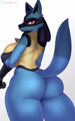 Size: 2043x3293 | Tagged: suggestive, artist:fayfeline_art, fictional species, lucario, mammal, anthro, nintendo, pokémon, 2021, big breasts, big butt, black body, black fur, black nose, blue body, blue fur, bottomless, breasts, butt, claws, clothes, ear fluff, ears, eyelashes, female, fluff, fur, gloves (arm marking), high res, looking at you, looking back, looking back at you, multicolored fur, nudity, partial nudity, red eyes, smiling, smiling at you, solo, solo female, tail, thick thighs, thighs, topwear, yellow body, yellow fur