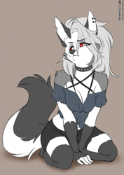 Size: 905x1280 | Tagged: safe, artist:foxboy83, loona (vivzmind), canine, fictional species, hellhound, mammal, anthro, hazbin hotel, helluva boss, 2021, black nose, bottomwear, breasts, clothes, collar, colored sclera, crop top, cropped shirt, ear fluff, ear piercing, ears, eyebrows, eyelashes, female, fingerless gloves, fluff, fur, gloves, gray body, gray fur, gray hair, hair, kneeling, legwear, long gloves, long hair, looking at you, midriff, multicolored fur, piercing, red sclera, shoulder fluff, solo, solo female, spiked collar, tail, tail fluff, thigh highs, thighs, topwear, torn clothes, torn ear, white body, white eyes, white fur