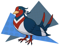 Size: 887x679 | Tagged: safe, artist:owerewolf13, oc, oc:mistral (gyro), bird, fictional species, songbird, swellow, feral, nintendo, pokémon, bird feet, blue body, feathered wings, feathers, female, red body, tail, white body, wings, yellow eyes