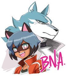 Size: 1280x1461 | Tagged: safe, artist:johnjoseco, michiru kagemori (bna), shirou ogami (bna), canine, mammal, raccoon dog, wolf, anthro, bna: brand new animal, 2020, black nose, bust, clothes, digital art, duo, ears, female, fur, hair, jacket, looking at you, male, male/female, mask (facial marking), multicolored eyes, open mouth, portrait, shirt, simple background, tongue, topwear, two toned eyes, white background