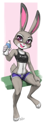 Size: 1100x3025 | Tagged: safe, artist:johnjoseco, judy hopps (zootopia), lagomorph, mammal, rabbit, anthro, digitigrade anthro, disney, zootopia, 2020, border, bottomwear, breasts, buckteeth, clothes, digital art, ears, female, fur, looking at you, open mouth, pink nose, shirt, shorts, sitting, solo, solo female, sports bra, sports shorts, tail, teeth, thighs, tongue, topwear, white border, wide hips