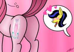 Size: 811x576 | Tagged: suggestive, artist:muhammad yunus, oc, oc only, oc:annisa trihapsari, oc:ponyseb 2.0, earth pony, equine, fictional species, mammal, pegasus, pony, feral, friendship is magic, hasbro, my little pony, annibutt, big butt, butt, close-up, duo, female, feral/feral, hair, heart, heart eyes, licking, male, male/female, mane, pink body, pink hair, speech bubble, tail, tongue, tongue out, wingding eyes, wtf