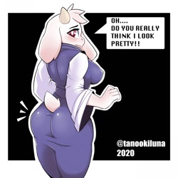 Size: 1280x1278 | Tagged: suggestive, artist:tanookiluna, toriel (undertale), bovid, goat, mammal, anthro, undertale, 2020, breasts, butt, clothes, dialogue, digital art, ears, eyelashes, female, fur, hair, looking at you, looking back, looking back at you, mature, mature female, rear view, simple background, solo, solo female, speech bubble, tail, talking, talking to viewer, text, thighs, wide hips