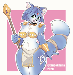 Size: 1138x1164 | Tagged: safe, artist:tanookiluna, krystal (star fox), canine, fox, mammal, anthro, nintendo, star fox, 2020, black nose, bra, breasts, clothes, digital art, ears, eyelashes, female, fur, hair, loincloth, looking at you, open mouth, shoulder pads, simple background, solo, solo female, spear, tail, thighs, tongue, tribal markings, underwear, vixen, weapon, wide hips