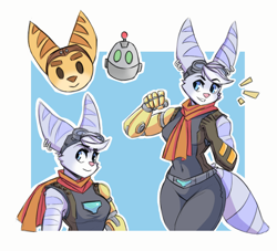 Size: 1134x1030 | Tagged: safe, artist:tanookiluna, clank (r&c), ratchet (r&c), rivet (r&c), fictional species, lombax, mammal, robot, anthro, ratchet & clank, 2020, black nose, bottomwear, breasts, clothes, digital art, duo, ear piercing, ears, eyelashes, female, female focus, fur, goggles, goggles on head, hair, looking at you, male, pants, piercing, pink nose, prosthetic arm, prosthetics, shirt, solo focus, tail, thighs, topwear, wide hips