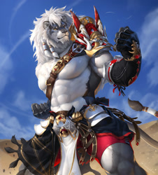 Size: 2169x2400 | Tagged: safe, artist:kazashino, big cat, feline, lion, mammal, anthro, abs, armor, clothes, hair, high res, loincloth, male, mane, muscles, muscular male, pecs, solo, solo male, tail