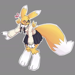 Size: 1921x1916 | Tagged: safe, artist:tanookiluna, fictional species, renamon, anthro, digitigrade anthro, digimon, 2020, black nose, black sclera, blushing, bottomwear, breasts, chest fluff, clothes, colored sclera, digital art, ears, eyelashes, female, fluff, fur, looking at you, one eye closed, school uniform, shirt, skirt, solo, solo female, tail, thighs, topwear, wide hips