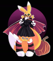 Size: 1422x1630 | Tagged: safe, artist:tanookiluna, fictional species, renamon, anthro, digitigrade anthro, digimon, 2020, black nose, black sclera, blushing, bottomwear, breasts, cape, chest fluff, clothes, colored sclera, commission, costume, digital art, dress, ears, eyelashes, female, fluff, fur, halloween, halloween costume, holiday, legwear, looking at you, skirt, solo, solo female, striped clothes, striped legwear, tail, thighs, wide hips