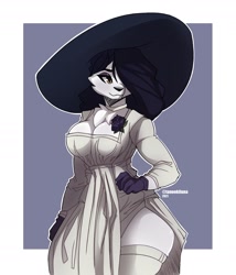 Size: 1509x1761 | Tagged: safe, artist:tanookiluna, lady dimitrescu (resident evil), canine, mammal, wolf, anthro, capcom, resident evil, 2021, bedroom eyes, black nose, breasts, chest fluff, clothes, digital art, dress, ears, eyelashes, female, fluff, fur, furrified, gloves, hat, legwear, looking at you, one eye closed, resident evil village, side slit, solo, solo female, stockings, tail, thighs, wide hips