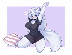 Size: 2229x1706 | Tagged: safe, artist:tanookiluna, oc, oc only, canine, mammal, wolf, anthro, 2021, bed, big breasts, black nose, breasts, clothes, commission, digital art, ears, eyelashes, featureless breasts, female, fur, kneeling, looking at you, one eye closed, panties, pillow, see-through, shirt, solo, solo female, tail, thighs, topwear, underwear, wide hips