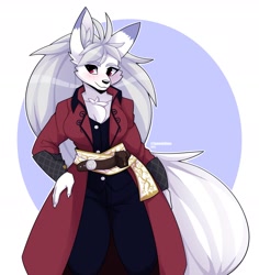 Size: 1833x1945 | Tagged: safe, artist:tanookiluna, oc, oc only, canine, fox, mammal, anthro, 2021, black nose, blushing, breasts, clothes, commission, digital art, ears, eyelashes, female, fur, jacket, pose, solo, solo female, tail, thighs, topwear, vixen, wide hips