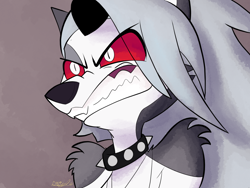 Size: 1600x1200 | Tagged: safe, artist:doylecoati, loona (vivzmind), canine, fictional species, hellhound, mammal, anthro, hazbin hotel, helluva boss, 2021, angry, black nose, bust, collar, colored sclera, cute, ears, eyeshadow, female, fluff, fur, gray body, gray fur, gray hair, gritted teeth, hair, long hair, madorable, makeup, multicolored fur, reaction image, red sclera, shoulder fluff, solo, solo female, spiked collar, teeth, two toned body, two toned fur, white body, white eyes, white fur