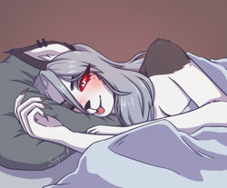Size: 1280x1060 | Tagged: safe, artist:suguri.1, loona (vivzmind), canine, fictional species, hellhound, mammal, anthro, hazbin hotel, helluva boss, 2021, adorasexy, bed, black nose, blanket, blep, blushing, breasts, cleavage, colored sclera, cute, ear fluff, ear piercing, earring, eyebrows, eyelashes, eyeshadow, female, fluff, fur, glowing, glowing eyes, gray body, gray fur, gray hair, hair, long hair, looking at you, lying down, lying on bed, makeup, multicolored fur, on bed, one eye closed, piercing, pillow, red sclera, sexy, shoulder fluff, smiling, smiling at you, solo, solo female, tongue, tongue out, white body, white eyes, white fur