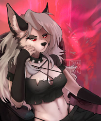 Size: 1067x1280 | Tagged: safe, artist:dendrokin, loona (vivzmind), canine, fictional species, hellhound, mammal, anthro, hazbin hotel, helluva boss, 2021, belly button, big breasts, black nose, bottomwear, breasts, chair, cleavage, clothes, collar, colored sclera, crop top, cropped shirt, ear fluff, ears, eyebrows, eyelashes, eyeshadow, female, fingerless gloves, fluff, fur, gloves, gray body, gray fur, gray hair, hair, hand on face, highleg panties, long gloves, long hair, looking at you, makeup, midriff, multicolored fur, nipple outline, panties, red sclera, signature, solo, solo female, spiked collar, thong, topwear, torn clothes, torn ear, unamused, underwear, white body, white eyes, white fur