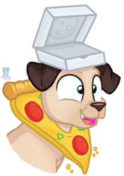 Size: 1364x1941 | Tagged: safe, artist:rainbow eevee, canine, dog, mammal, hasbro, littlest pet shop, box, bust, cute, food, open mouth, pizza, pizza box, pizza slice, puppy, silly, simple background, transparent background, wide eyes, young