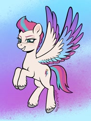 Size: 1521x2021 | Tagged: safe, artist:vellichorvictim, zipp storm (mlp), equine, fictional species, mammal, pegasus, pony, hasbro, my little pony, my little pony g5, my little pony: a new generation, spoiler, spoiler:my little pony g5, 2021, colored wings, digital art, eyebrows, feathered wings, feathers, female, flying, gradient background, hooves, mare, multicolored wings, smiling, solo, solo female, tail, toothy grin, unshorn fetlocks, wings