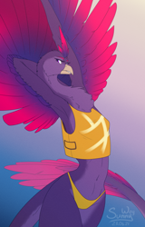 Size: 770x1200 | Tagged: safe, artist:sunny way, oc, oc only, oc:raven cayden, bird, ferimgari, fictional species, anthro, artwork, breasts, clothes, digital art, equ, equis universe, feathers, female, panties, shirt cut meme, shirtcutmeme, sideboob, solo, solo female, tail, underwear