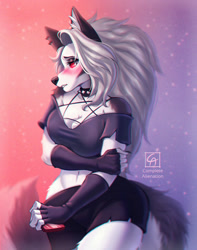 Size: 1180x1499 | Tagged: safe, alternate version, artist:completealienation, loona (vivzmind), canine, fictional species, hellhound, mammal, anthro, hazbin hotel, helluva boss, 2021, adorasexy, big breasts, black nose, blushing, bottomwear, breasts, cell phone, cleavage, clothes, collar, colored sclera, cute, ear fluff, ear piercing, earring, female, fingerless gloves, fluff, fur, gloves, gray body, gray fur, hair, long hair, multicolored fur, phone, piercing, red sclera, sexy, shy, smartphone, solo, solo female, spiked collar, tail, tail fluff, thick thighs, thighs, topwear, torn clothes, white body, white eyes, white fur, white hair