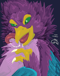 Size: 963x1224 | Tagged: safe, artist:gyrotech, edit, oc, oc:gyro feather, oc:gyro feather (bird), bird, galliform, peafowl, anthro, beak, bird feet, bird hands, bust, claws, color edit, feathered wings, feathers, green eyes, male, pink body, portrait, purple body, tail, werepeacock, wings, yellow body