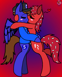 Size: 4699x5754 | Tagged: safe, artist:mrstheartist, flaky (htf), canon x oc, oc, oc:seb the bear, earth pony, equine, fictional species, mammal, pegasus, pony, feral, happy tree friends, hasbro, my little pony, absurd resolution, base used, bipedal, bipedal leaning, black outline, butt touch, clothes, crossover, duo, female, feralized, flakyseb (htf/oc), gradient background, heart, hoodie, hoof on butt, male, ponified, shipping, topwear