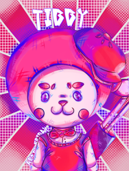 Size: 768x1024 | Tagged: safe, artist:friday-arts, tibby (rhythm heaven), bear, mammal, anthro, nintendo, rhythm heaven, abstract background, badass, bow, bow tie, bust, clothes, cosplay, cub, golf, golfer, hat, looking at you, male, solo, solo male, topwear, young