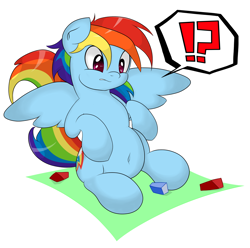 Size: 2000x1980 | Tagged: safe, artist:graphene, rainbow dash (mlp), equine, fictional species, mammal, pegasus, pony, feral, friendship is magic, hasbro, my little pony, 2014, belly, belly button, blue body, blue fur, feathered wings, feathers, female, fur, hair, mane, mare, rainbow hair, rainbow mane, rainbow tail, sitting, slightly chubby, solo, solo female, tail, wings