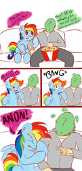 Size: 1500x3093 | Tagged: safe, artist:graphene, rainbow dash (mlp), oc, oc:anon, equine, fictional species, human, mammal, pegasus, pony, friendship is magic, hasbro, my little pony, 2014, comic, couch, dialogue, female, high res, mare, scared, tail, talking, television