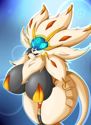 Size: 1700x2338 | Tagged: suggestive, artist:suirano, fictional species, legendary pokémon, solgaleo, anthro, nintendo, pokémon, 2017, big breasts, bra, breasts, clothes, digital art, female, fur, glowing, glowing eyes, hair, huge breasts, looking at you, simple background, solo, solo female, tail, thighs, thunder thighs, underwear, wide hips