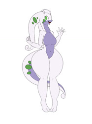 Size: 800x1067 | Tagged: safe, artist:suirano, fictional species, goodra, anthro, digitigrade anthro, nintendo, pokémon, 2017, breasts, digital art, featureless breasts, featureless crotch, female, front view, hair, nudity, open mouth, scales, simple background, solo, solo female, tail, thighs, thunder thighs, tongue, white background, wide hips