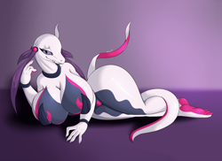 Size: 1920x1396 | Tagged: suggestive, alternate version, artist:suirano, fictional species, salazzle, shiny pokémon, anthro, digitigrade anthro, nintendo, pokémon, 2017, bedroom eyes, big breasts, bra, breasts, clothes, digital art, featureless crotch, female, huge breasts, looking at you, lying down, nudity, pose, scales, sharp teeth, simple background, solo, solo female, tail, teeth, thighs, thunder thighs, underwear, wide hips