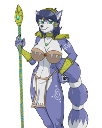 Size: 1112x1387 | Tagged: suggestive, artist:stogiegoatarts, krystal (star fox), canine, fox, mammal, anthro, nintendo, star fox, accessories, armor, big breasts, blue body, blue fur, blue hair, blue tail, body markings, bra, bracelet, breasts, claws, clothes, collar, female, fur, gauntlets, gloves, gold, green eyes, hair, hand paws, handwear, headband, jewelry, krystal's staff, loincloth, multicolored body, multicolored fur, multicolored tail, necklace, signature, simple background, smiling, solo, solo female, tail, tail band, tattoo, text, transparent background, tribal, tribal armor, tribal markings, tribal outfit, underwear, vixen, white body, white fur, white tail