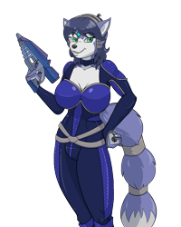 Size: 1112x1387 | Tagged: suggestive, artist:stogiegoatarts, krystal (star fox), canine, fox, mammal, anthro, nintendo, star fox, accessories, blue body, blue fur, blue hair, blue tail, bodysuit, claws, clothes, collar, female, fur, green eyes, gun, hair, hand paws, headband, jewelry, multicolored body, multicolored fur, multicolored tail, ranged weapon, signature, silver, simple background, skinsuit, smiling, solo, solo female, spacesuit, tail, tail band, text, tight clothing, transparent background, vixen, weapon, white body, white fur, white tail