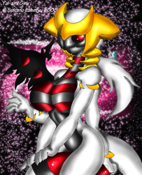 Size: 600x740 | Tagged: suggestive, artist:suirano, fictional species, giratina, legendary pokémon, anthro, nintendo, pokémon, 2010, belly button, breasts, digital art, featureless breasts, featureless crotch, female, fur, hair, looking at you, nudity, open mouth, poké ball, pose, scales, simple background, sitting, solo, solo female, tail, thighs, tongue, wide hips