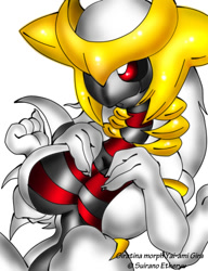 Size: 600x781 | Tagged: suggestive, artist:suirano, fictional species, giratina, legendary pokémon, anthro, nintendo, pokémon, 2008, belly button, breasts, digital art, featureless breasts, female, four arms, fur, hair, hand on breast, nudity, pose, scales, simple background, solo, solo female, tail, thighs, wide hips