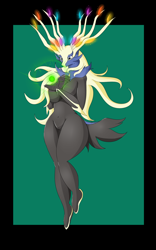 Size: 1280x2048 | Tagged: safe, artist:suirano, fictional species, legendary pokémon, xerneas, anthro, unguligrade anthro, nintendo, pokémon, 2015, antlers, belly button, big breasts, breasts, digital art, featureless breasts, featureless crotch, female, fur, hair, hooves, simple background, solo, solo female, tail, thighs, wide hips