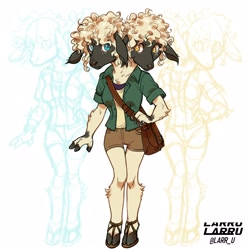 Size: 2500x2500 | Tagged: safe, artist:larr_u, oc, oc only, oc:mindy (larr_u), bovid, caprine, mammal, sheep, anthro, unguligrade anthro, 2021, amber eyes, bag, blue eyes, bottomwear, clothes, cloven hooves, conjoined, conjoined twins, cream body, cream fur, cream hair, ears, female, fur, golden eyes, hair, high res, hooves, multiple heads, pants, sandals, shirt, shoes, simple background, standing, topwear, two heads, white background
