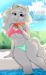 Size: 2260x3680 | Tagged: suggestive, artist:jerraldina, equine, human, mammal, pony, anthro, clothes, female, food, fruit, high res, pool, summer, swimsuit, watermelon, ych