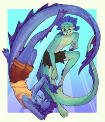Size: 1750x2048 | Tagged: safe, artist:souchi, alberto scorfano (luca), luca paguro (luca), fictional species, monster, sea monster, humanoid, disney, luca (pixar), pixar, 2d, duo, duo male, male, males only, underwater, water
