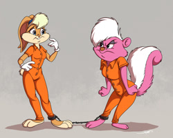 Size: 1280x1024 | Tagged: safe, artist:thesketchprince, bimbette (tiny toon adventures), lola bunny (looney tunes), lagomorph, mammal, rabbit, skunk, anthro, looney tunes, tiny toon adventures, warner brothers, bound together, chained, clothes, confused, frustrated, prison outfit, prisoner