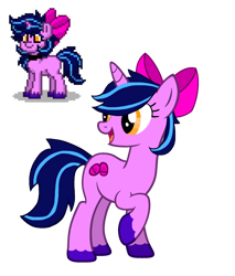 Size: 1700x2000 | Tagged: safe, artist:cloudc224, oc, oc only, equine, fictional species, mammal, pony, unicorn, feral, friendship is magic, hasbro, my little pony, 2021, bow, colored hooves, eyelashes, female, hair bow, happy, hooves, horn, mare, open mouth, pink body, pixel art, simple background, solo, solo female, tail, transparent background