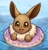Size: 1647x1707 | Tagged: safe, artist:otakuap, eevee, eeveelution, fictional species, mammal, feral, nintendo, pokémon, 2021, 2d, black nose, blushing, cute, digital art, doughnut, ears, female, floatie, fluff, food, fur, looking at you, neck fluff, open mouth, paws, solo, solo female, tongue, tube