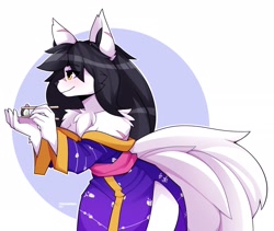 Size: 2048x1731 | Tagged: safe, artist:tanookiluna, oc, oc only, canine, fictional species, fox, kitsune, mammal, anthro, 2021, black nose, breasts, chest fluff, clothes, commission, digital art, dress, ears, eyelashes, female, fluff, food, fur, hair, multiple tails, side slit, simple background, solo, solo female, sushi, tail, thighs, vixen, wide hips