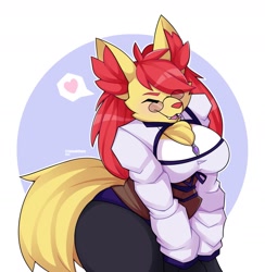 Size: 1699x1738 | Tagged: safe, artist:tanookiluna, delphox, fictional species, anthro, nintendo, pokémon, 2021, black nose, breasts, clothes, commission, digital art, dress, ears, eyelashes, eyes closed, female, fur, glasses, hair, heart, simple background, solo, solo female, speech bubble, starter pokémon, tail, thighs, wide hips